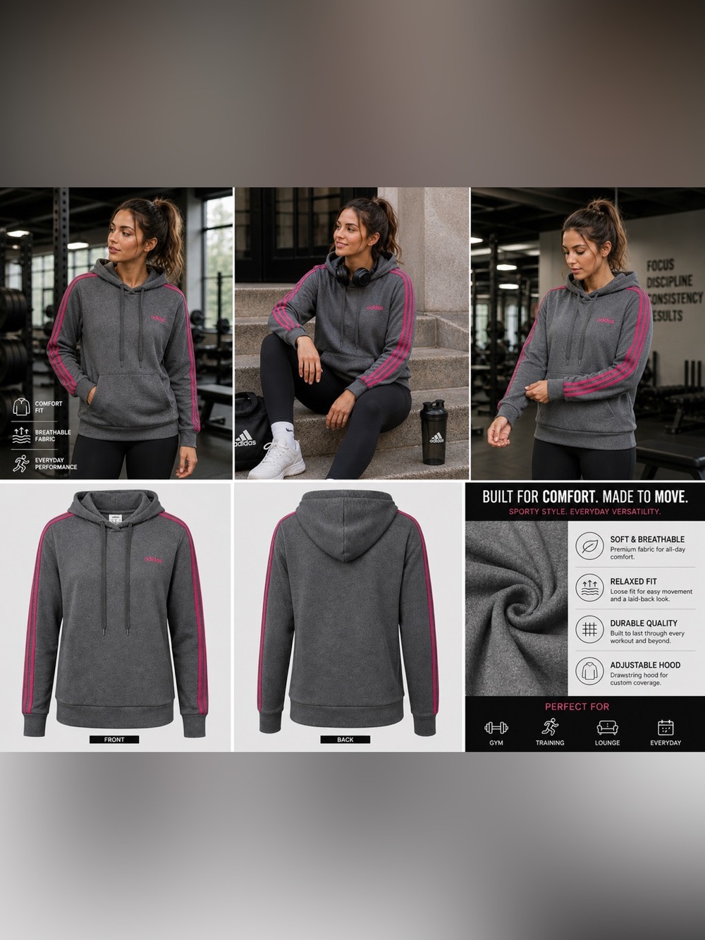 adidas Gray Hoodie with Pink Three-Stripe Accents